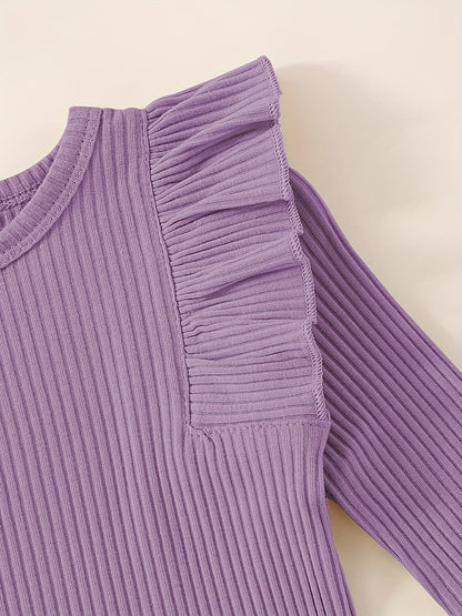 3pcs Baby Girl Outfit Set, Cute Ribbed Ruffle Long Sleeve Romper & Pants, 95% Cotton 5% Spandex, Crew Neck Pullovers, Solid Color, Regular Fit, No Belt, Fall/Winter Knit Fabric, 0-18 Months, for Outdoor