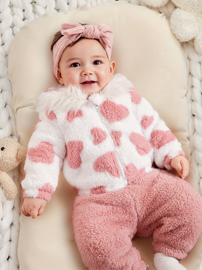 A Set of Warm Clothes for Baby Girls, Warm Hooded Fleece Jacket, Cardigan Top + Elastic Waist Warm Pants, Autumn And Winter Style, Cute Cold-Proof Jacket for Girls, Fur Zipper Outerwear, Outdoor Clothing Set, Newborn Children