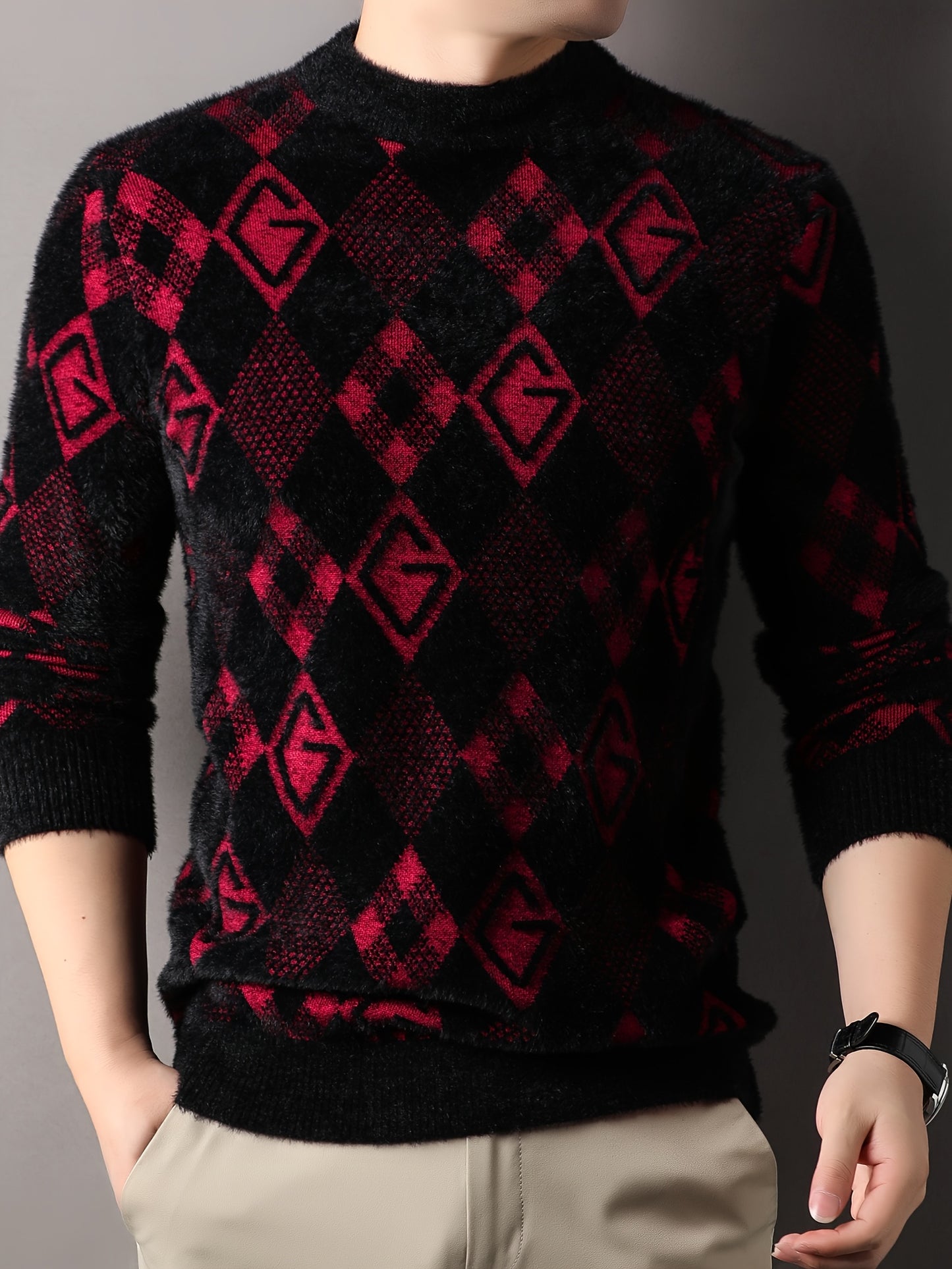 Maqiqi OBM Men's New Autumn/Winter Knit Pullover, Plaid Pattern Men's Sweater with Letter Decoration, Faux Mink Fur Round Neck Long Sleeve Men's Top, Soft and Comfortable Fabric, Suitable for Casual Outings, Men's Gift