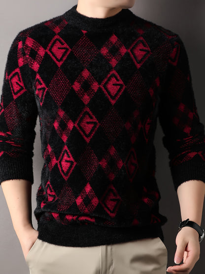 Maqiqi OBM Men's New Autumn/Winter Knit Pullover, Plaid Pattern Men's Sweater with Letter Decoration, Faux Mink Fur Round Neck Long Sleeve Men's Top, Soft and Comfortable Fabric, Suitable for Casual Outings, Men's Gift