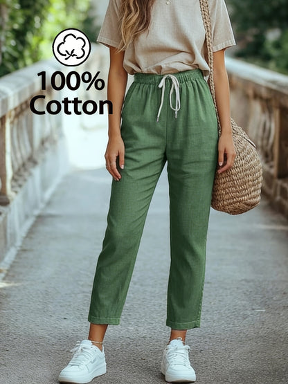 Women’s French-Style High-Waist Cotton Ankle Pants, Casual Straight Le