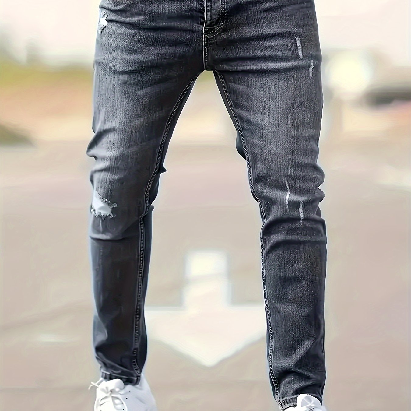 Men's Slim Fit Stretch Denim Jeans - Casual, Breathable & Machine Washable with Ripped Detail