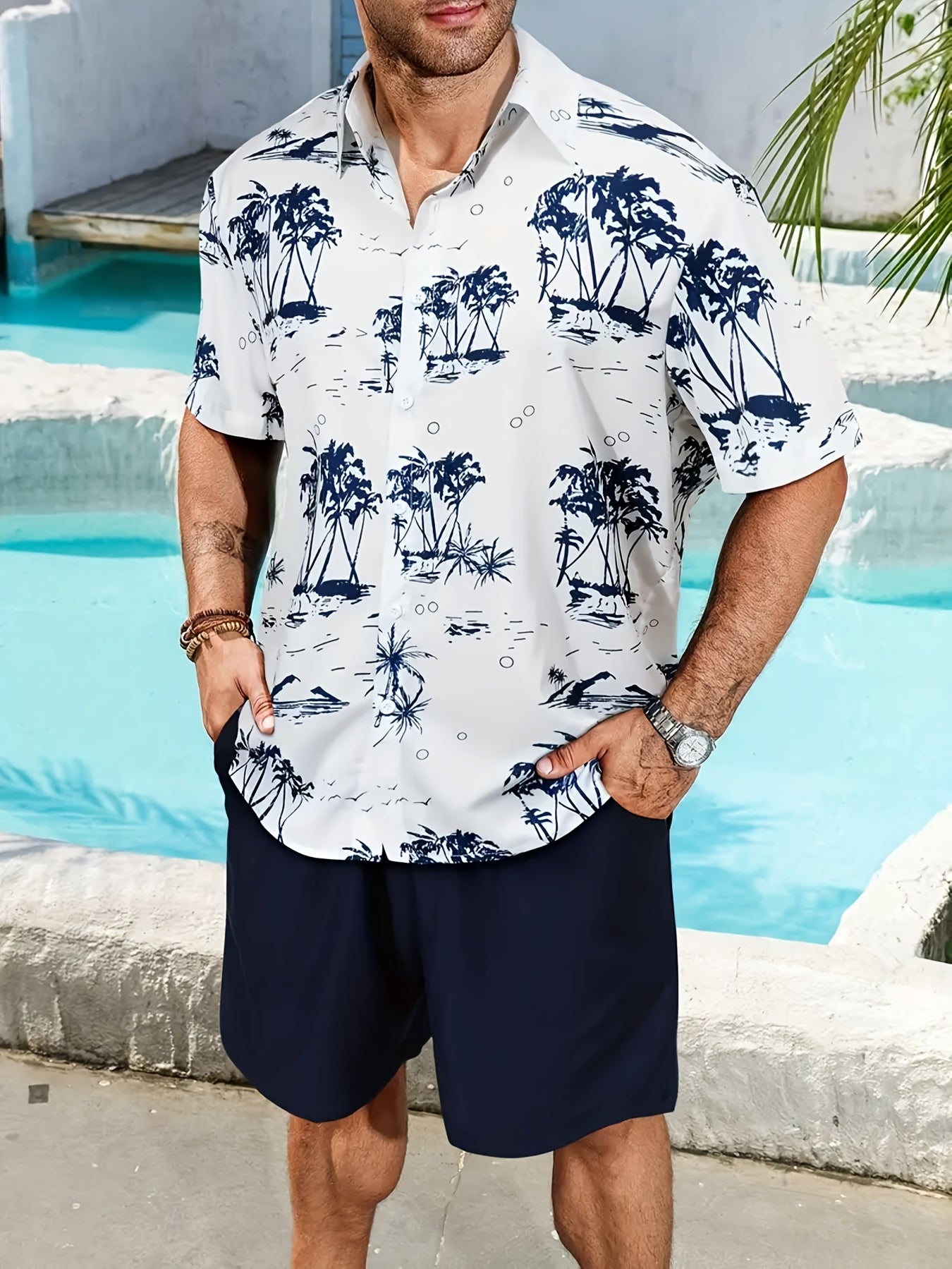 Men's White Coconut Tree Print Summer Casual Shirt