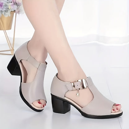 Elegant Women'S Open-Toe Chunky Heel Shoes - Comfortable Mid-Height with Golden Buckle Strap, Breathable Cut-Out Design, Shock-Absorbing Insole  Durable Rubber Sole for Summer Casual  Formal Occasions, High Heel Footwear, D