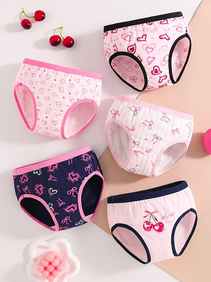 Girls' Cotton Briefs 5-Pack, Heart Print, Mid-Rise, Cute Style