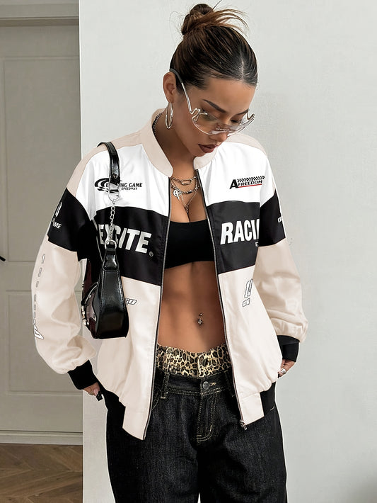 Women'S Elegant Streetwear Jacket - & Color Block Coat with Stand Collar, Loose Fit Long Sleeve Outerwear for Everyday & Formal Outfits - Spring/Fall, Spring Outerwear, Spring Fashion, Stylish Coat, Trendy Coat, Fashion Lover