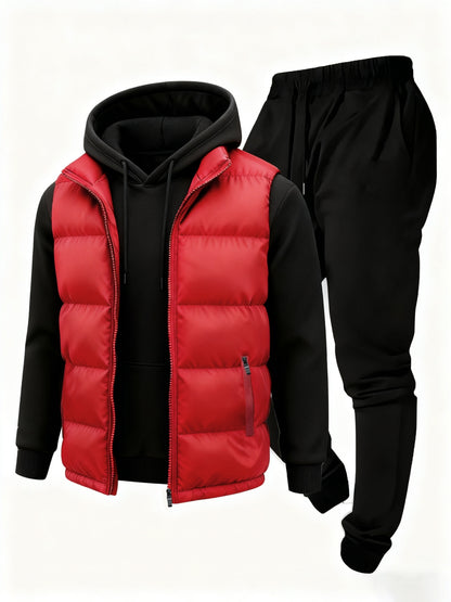 3pcs Vest Casual Set for Men Men's Casual Cartoon Drawstring Pocket Hoodie and Sports Drawstring Trousers Matching Set - ayq