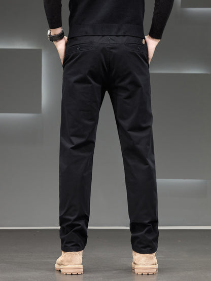 Men's Classic Business Trousers - Lightweight Polyester Straight-Leg Pants For Spring/Fall - Button Details - Non-Elastic Fabric - Solid Color - Regular Fit