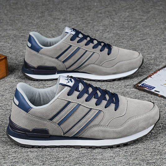 Men's Breathable Mesh Running Shoes - Versatile Korean Style Casual Sneakers with Striped Design, Durable Non-Slip Rubber Sole for Outdoor Activities, Daily Wear & Exercise - Light Gray with Blue Accents, Lace-Up Closure