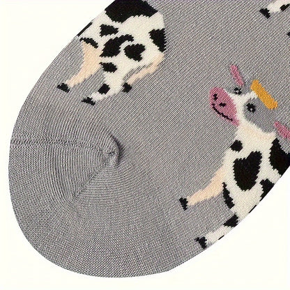 1 Pair Unisex Couple'S Knee-Length Socks, Grey Cow Print, 100% Polyester Knit Fabric, Animal Pattern, Hand Wash/Dry Clean