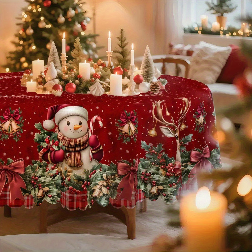 1pc Vintage Burgundy & Golden Red White Green Winter Tablecloth with Golden Bow Accent - Heavy-Duty Rectangular or Round Table Setting for Christmas, New Year's, Family Gatherings - Easy-Clean Fabric, Machine-Made with Deer &