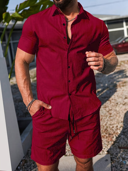 Men's Casual Summer Solid Short Sleeve Shirt & Shorts Set