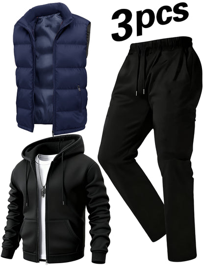 Men's Casual 3-Piece Polyester Sportswear Set with Hoodie