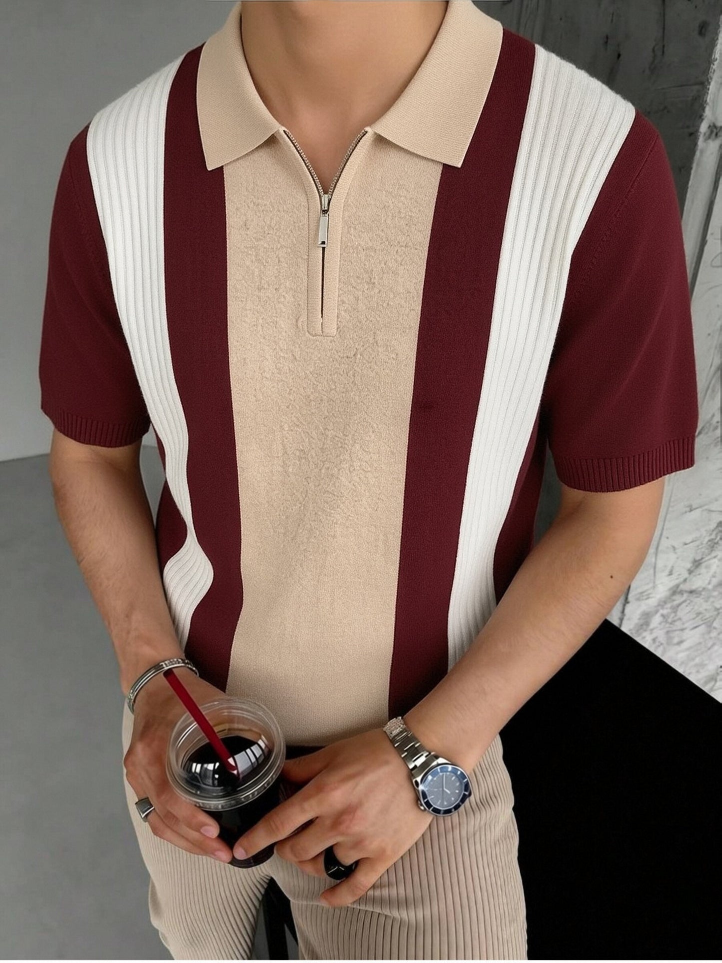 Men's Striped Knit Polo Shirt with Half-Zip for Summer Workwear