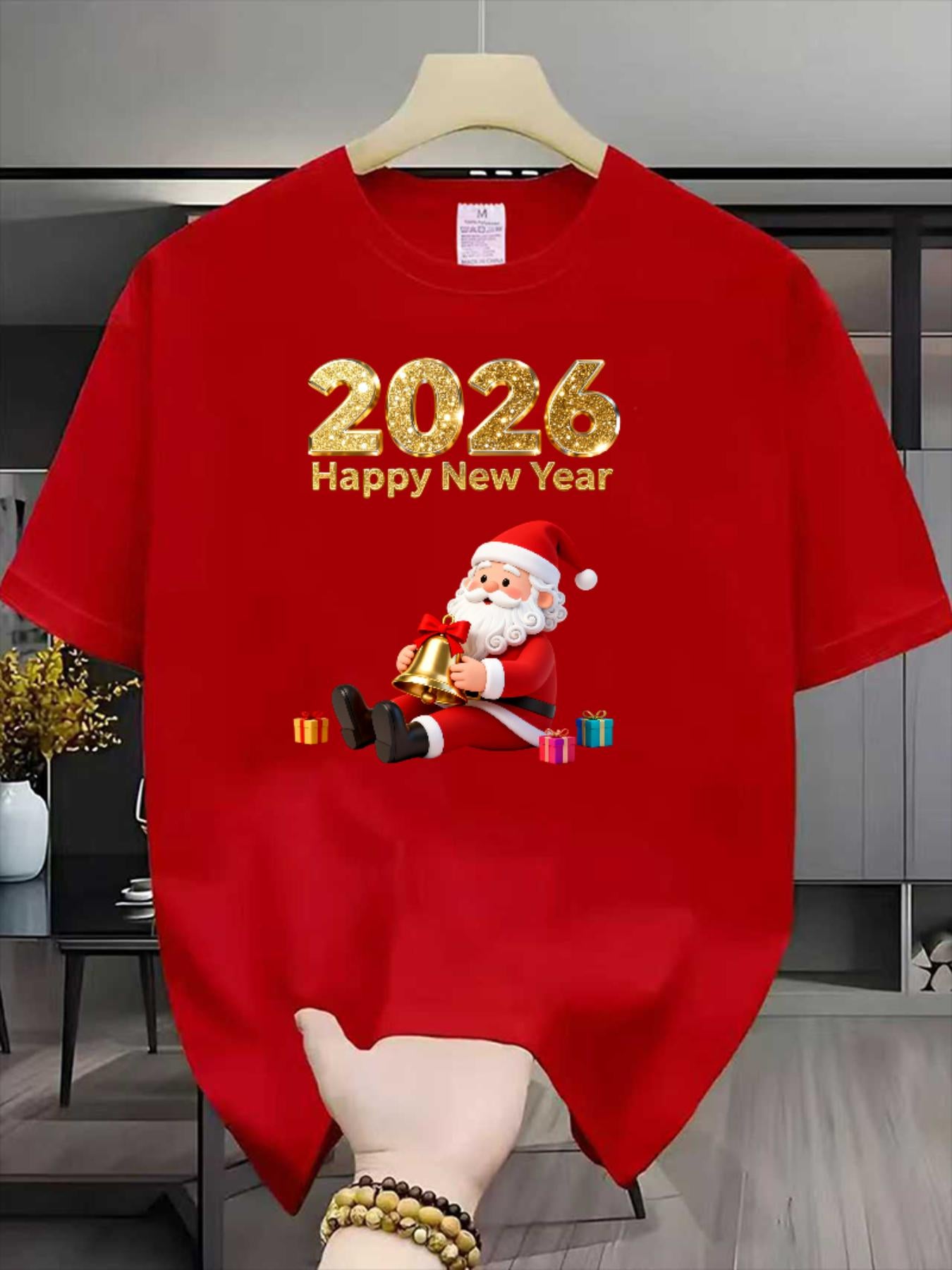 Men'S 2026 Happy New Year Santa Claus Graphic T-Shirt - Breathable Summer Casual Tee with Golden & Red Print, Regular Fit Round Neck Short Sleeve, Festive Clothing, Comfortable Fit, Holiday Shoppers