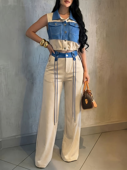 Elegant Sleeveless Jacket and Straight Pants Set for Spring/Fall