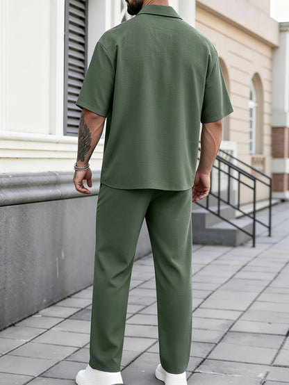 Men's Casual Two-Piece Suit: Short-Sleeve Lapel Shirt & Drawstring Pan