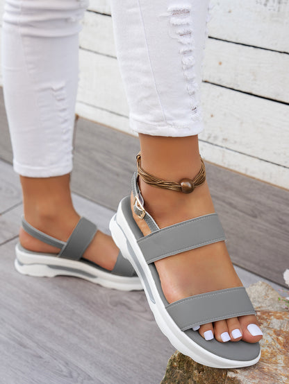 Mhysa Women's Comfortable Open-Toe Platform Sandals with Thick Sole & Golden Buckle Strap - Summer Casual White PU Cover Ankle Strap Sandals for Casual Attire, Ladies Sandals