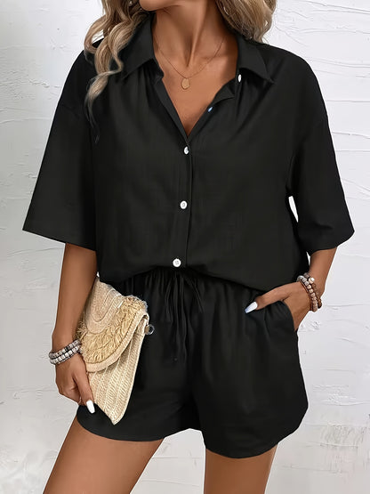 Women's Solid Color Polo Shirt and Shorts Set for Spring Summer