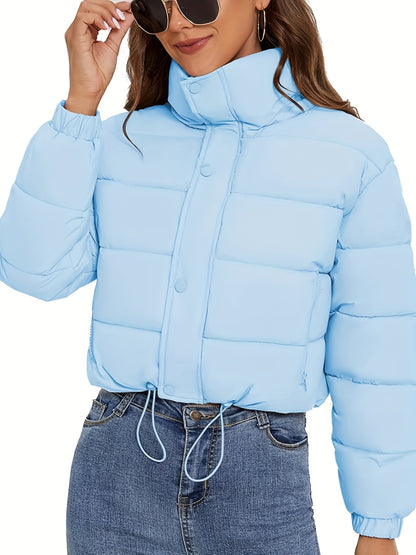 Women'S Lightweight Winter Jacket - Elegant Stand Collar Short Length Quilted Coat with Button Front, H-Silhouette Regular Fit, Long Sleeve Casual Outerwear for Cold Weather, Winter Coats, Seasonal Fashion, Minimalist Style,