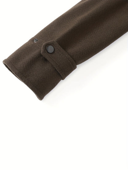 Men's Stylish Autumn/Winter Warm Polyester Casual Jacket with Lapel Collar, Zipper Closure, and Pockets - 100% Polyester Solid Color Loose Fit Coat