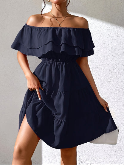 Women'S Off the Shoulder Ruffle Hem Casual Dress, Polyester 100%, Solid Color, Fitted, Woven, for All Seasons