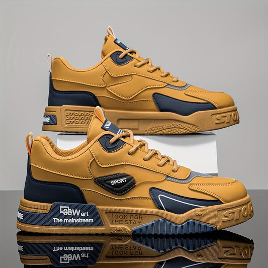 Men'S Colorblock Skate Sneakers - Breathable, Non-Slip Casual Shoes with Lace-Up Design, Perfect for Walking, Jogging  Training - All-Season Comfort in Yellow  Blue with Sporty Branding, Casual Sneakers   Colorblock Design