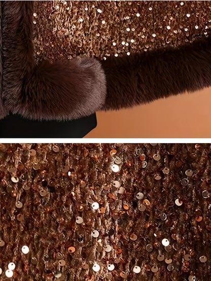 Մեծ չափսի կանացի էլեգանտ շալ-թիկնոց-պոնչո - շքեղ շագանակագույն թիկնոց՝ փայլուն հմայքով, խիտ ձմեռային վերարկու երեկույթների, պաշտոնական միջոցառումների համար՝ չձգվող գործվածք, հեշտ խնամվող էլեգանտ փաթաթան ամենօրյա հատուկ առիթների համար, երեկույթի հագուստ, C