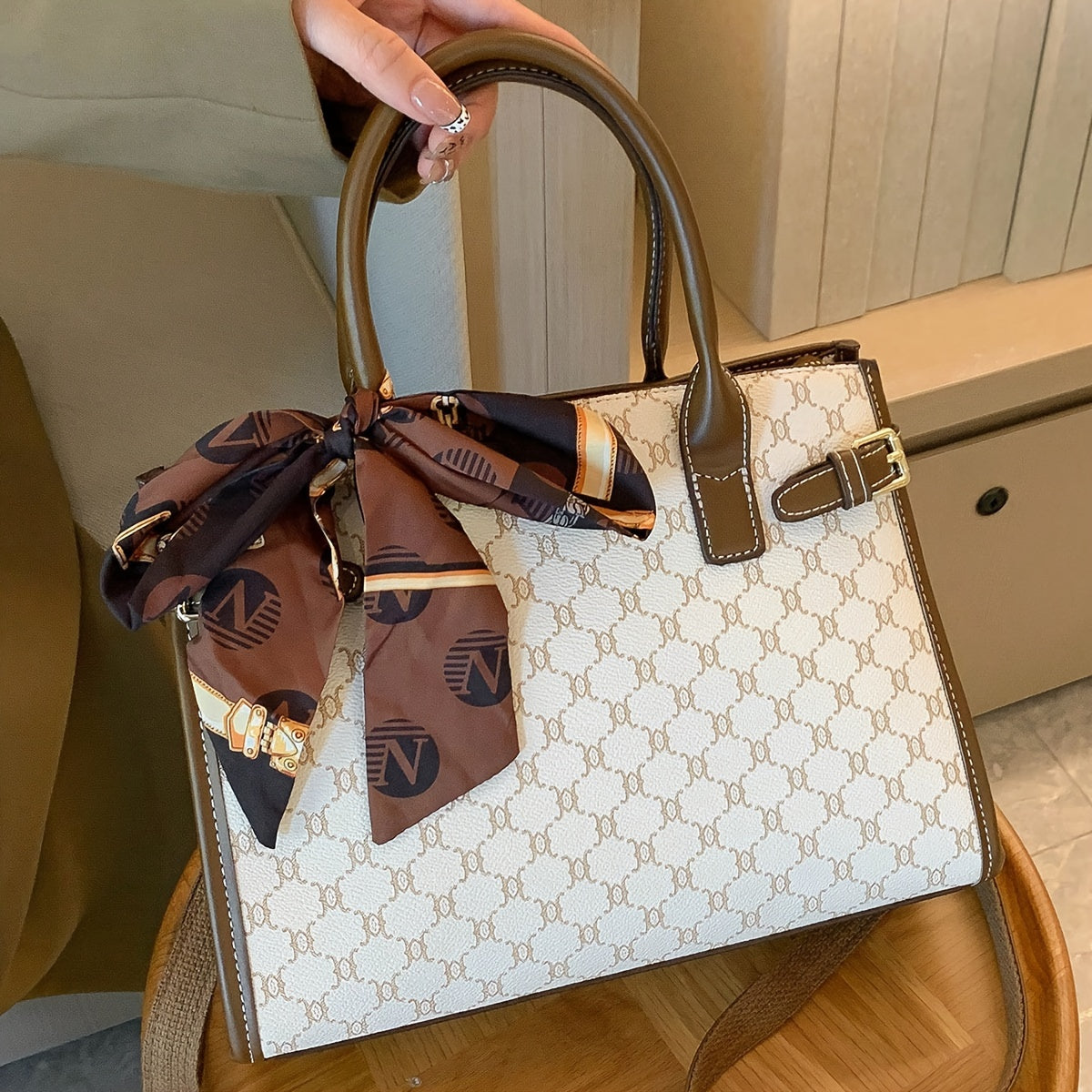 Created-Rubynet Large Handbag with Greek Key & Bow Design - Deep Brown Handbag, Golden-Tone Hardware, Fashion Bag for Ladies, Fashion Bags, Round Handbag, Fashionable Bags, Handbags Aesthetic, Large Soft Purse, Rectangular Ha