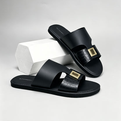 Men's Luxury Crocodile Embossed Slide Sandals with Metal Buckle