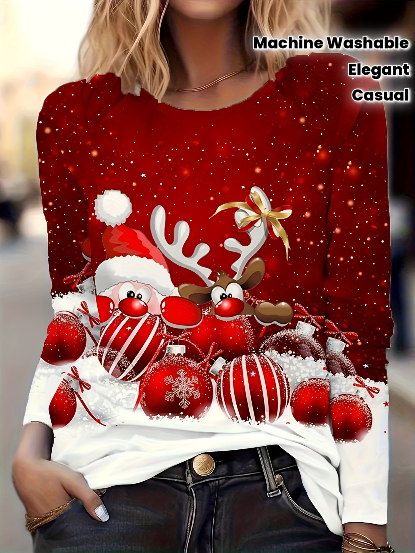 Women's Elegant Red Christmas Sweater - Long Sleeve Round Neck Blouse with Santa & Reindeer Print (Rudolph, Bells) - Machine Washable Holiday Party Outfit, Casual Winter Top for Xmas, Gift for Her