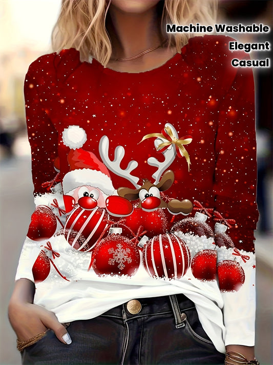 Women's Elegant Red Christmas Sweater - Long Sleeve Round Neck Blouse with Santa & Reindeer Print (Rudolph, Bells) - Machine Washable Holiday Party Outfit, Casual Winter Top for Xmas, Gift for Her