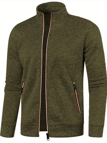 Elegant Mid Stretch Cardigan, Men's Casual Full Zip Up Cardigan Sweater Coat For Fall Winter