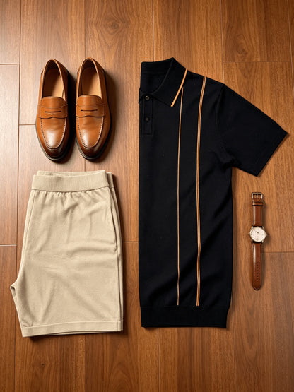 Men's Contrast Knit Polo & Loose Waist Shorts Set, Casual Fit