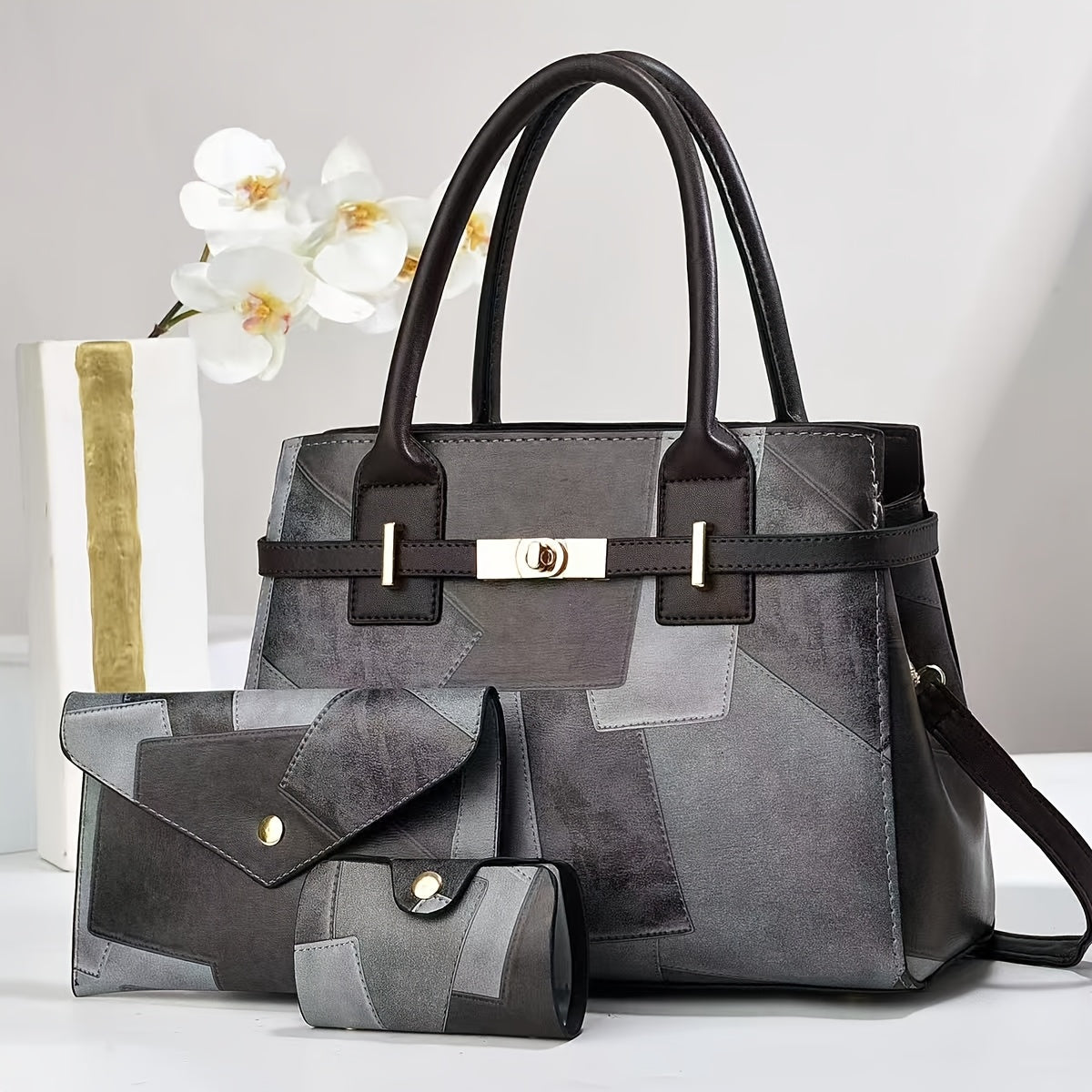3-Piece Women's Faux Leather Handbag Set with Adjustable Strap