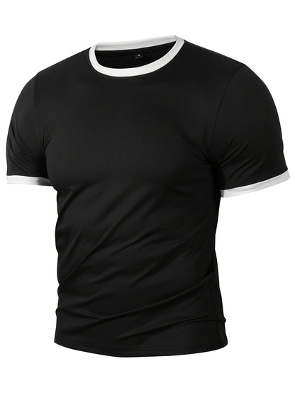 Men'S Casual Slim-Fit T-shirt with White-Edge Color Blocking | Suitable for Daily Outings and Outdoor Activities, Crew Neck, Short Sleeve, Summer Season - ayq