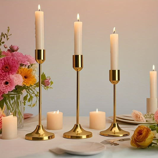 3pcs Set of Golden Brass Candle Holders, Vintage Modern Decorative Centerpiece Candle Stands, Suitable for Mantel, Wedding, Christmas Party, Housewarming Gift, Home Kitchen Dining Table Accessories (Candles Not Included),  Ho