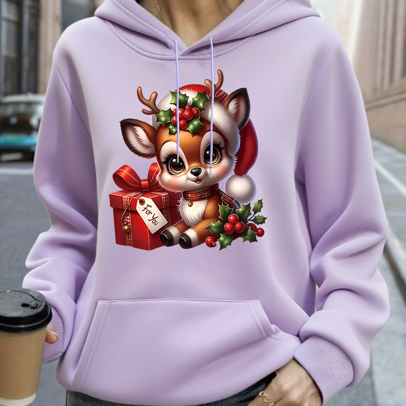 Women's Christmas Deer & Reindeer Print Hoodie - Cozy Winter Pullover Sweatshirt with Cute Deer Headband-Like Hood, Slim-Fit Casual Jacket for Holiday Parties, Xmas Outfits & Cold Weather (Machine Washable), Fall Clothes For
