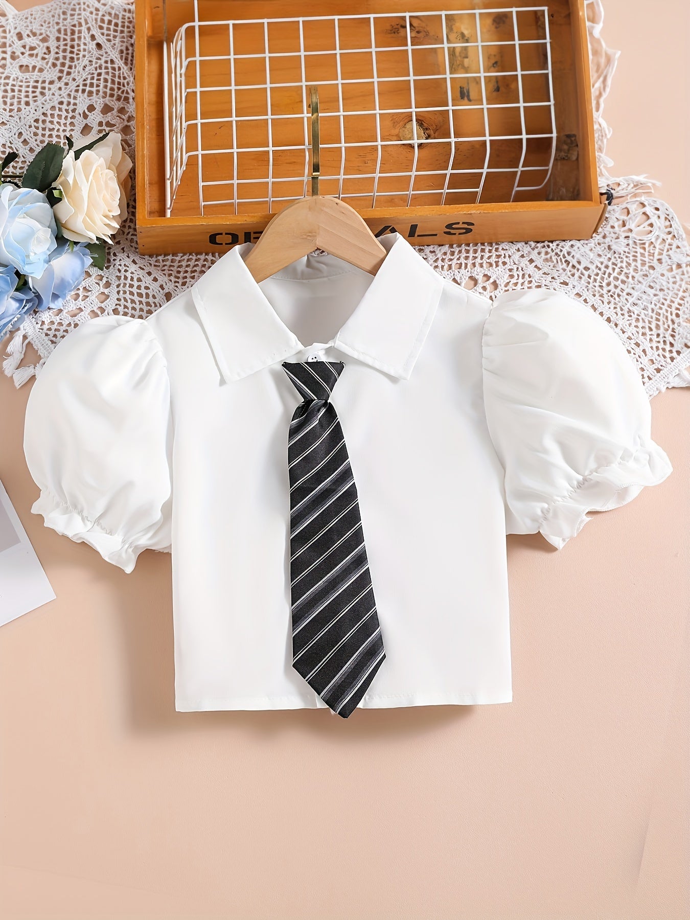 Girls' Preppy Campus Style Suspender Dress with Puff Sleeve Shirt
