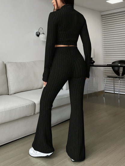 Elegant Zipper Cardigan & Wide Leg Pants Two-Piece Set