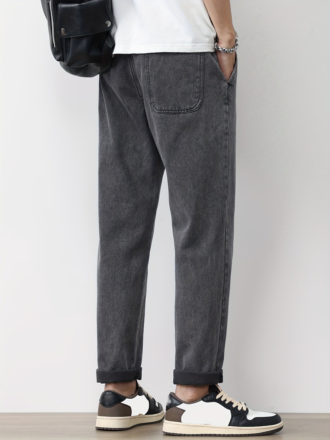 Men's Solid Washed Denim Trousers With Pockets, Causal Drawstring Cotton Blend Barrel Jeans For Outdoor Activities