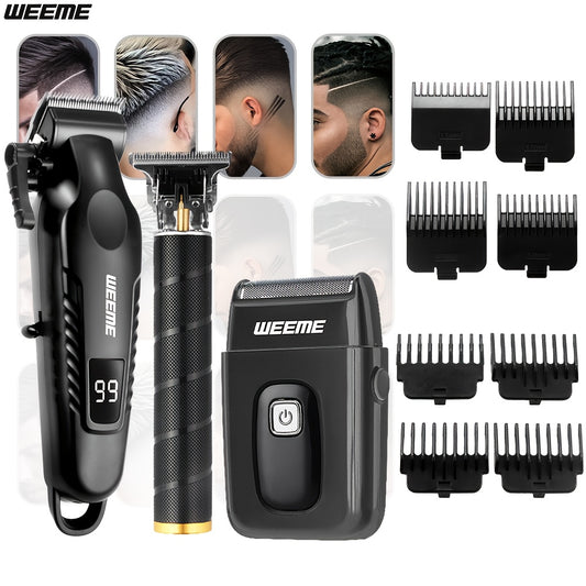 WEEME 2pcs/3pcs Men's grooming suit Multi-function electric hair clipper shaver trimmer alloy steel head three-gear adjustment USB fast charging LCD power display household travel car must-have gift for husband, boyfriend and