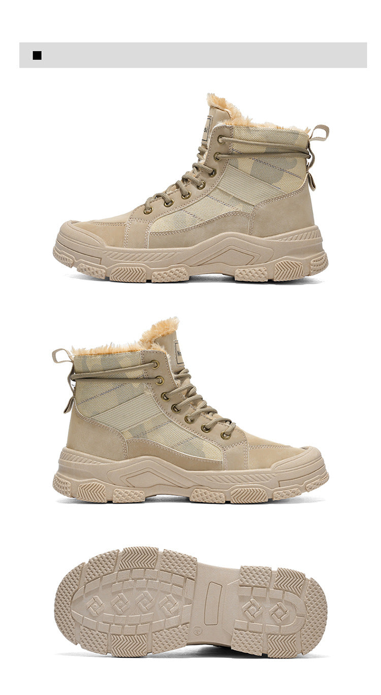 Men's High-Top Winter Boots with -Like Collar & - Heavy-Duty PU Upper, PVC Sole, Beige/Tan Lace-Up Snow Boots for Ice, Slush,, Outdoor (Warm Cold Weather Footwear)