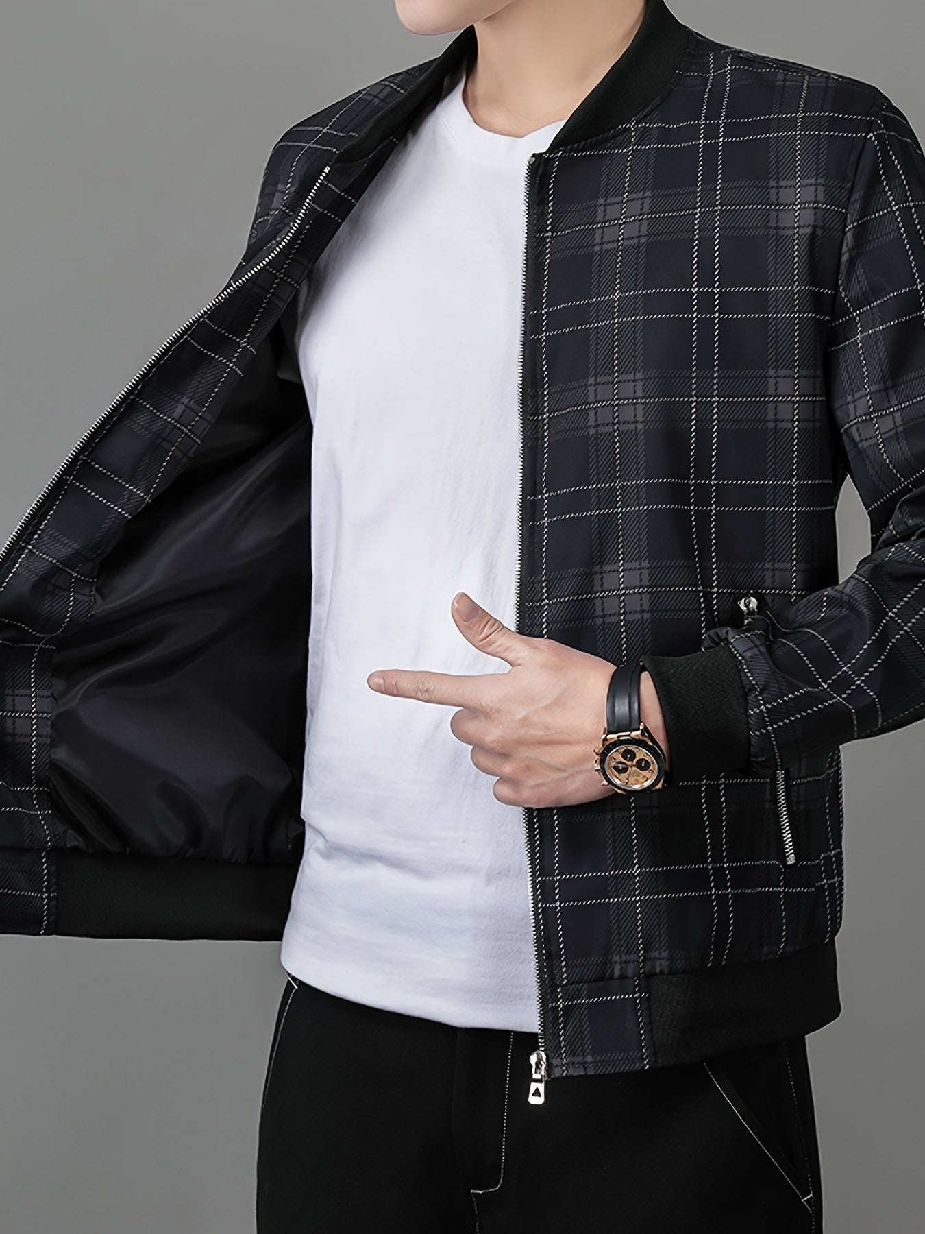 Men's Lightweight Baseball Jacket - Navy Blue & Black Plaid Zip-Up Coat, Non-Stretch Fabric for Formal & Casual Outfits - Spring/Fall Outerwear Jacket, Outdoor Wear, Classic Collar, Quality Stitching, Stylish Coat, Fashioncon