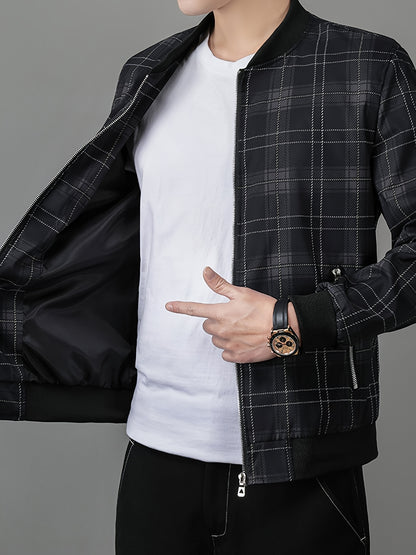 Men's Lightweight Baseball Jacket - Navy Blue & Black Plaid Zip-Up Coat, Non-Stretch Fabric for Formal & Casual Outfits - Spring/Fall Outerwear Jacket, Outdoor Wear, Classic Collar, Quality Stitching, Stylish Coat, Fashioncon