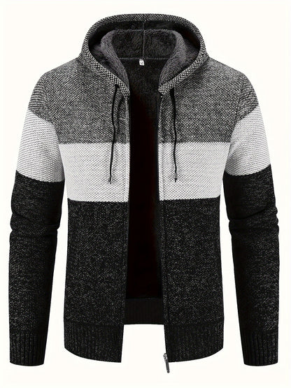 Men'S Fleece-Lined Hooded Sweater | 100% Polyester Knit | Mature Style | Striped Pattern | Long Sleeve | Regular Fit Hoodie with Medium Stretch Fabric | Casual Autumn & Winter Outerwear
