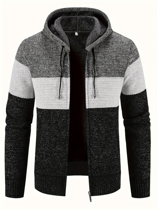 Men'S Fleece-Lined Hooded Sweater | 100% Polyester Knit | Mature Style | Striped Pattern | Long Sleeve | Regular Fit Hoodie with Medium Stretch Fabric | Casual Autumn & Winter Outerwear