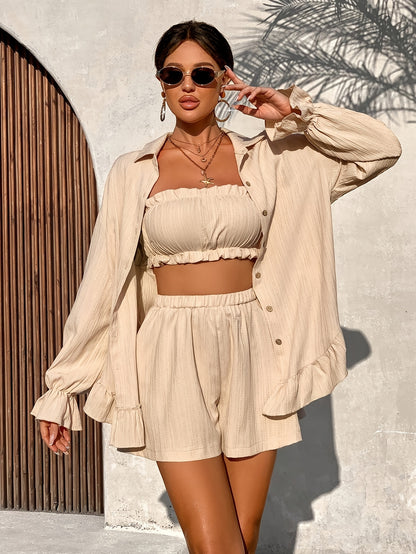 Women's Summer 3-Piece Set Ruffled Hem Top and Shorts