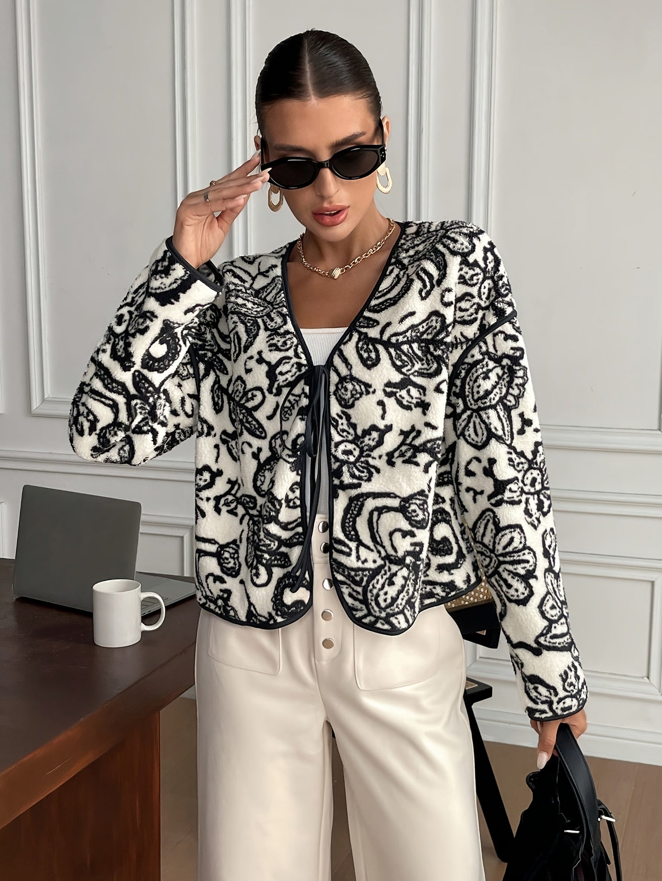 Women's Elegant Black & White Floral blazer - Tie-front closing, Non-Stretchy structure for Fall/Winter, Office, Party, Everyday Chic Jacket - Machine Washable Women's Outerwear, Party Attire, Sophisticated Design