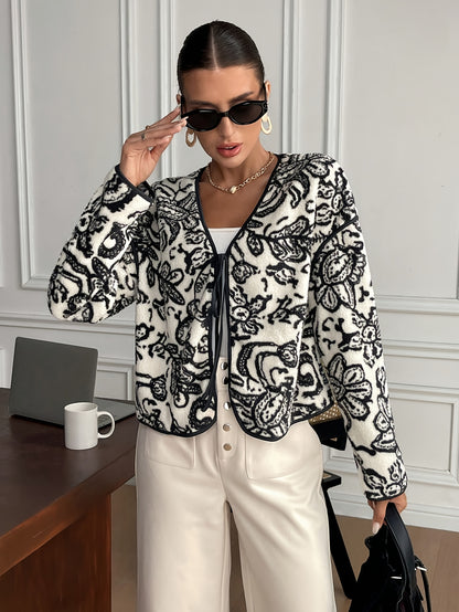 Women's Elegant Black & White Floral blazer - Tie-front closing, Non-Stretchy structure for Fall/Winter, Office, Party, Everyday Chic Jacket - Machine Washable Women's Outerwear, Party Attire, Sophisticated Design